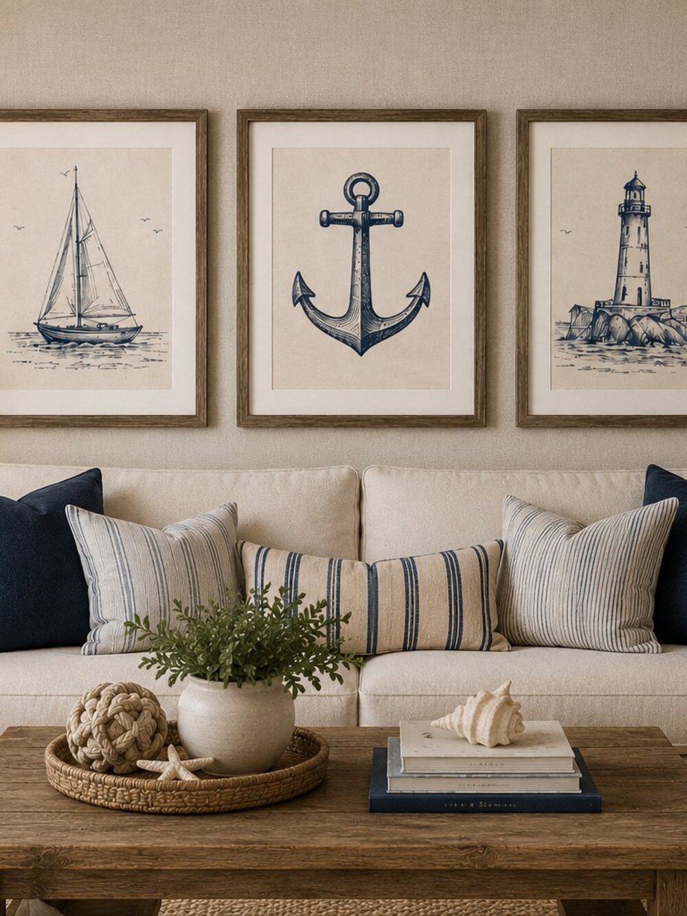 NEW Safe Harbour Collection Set of 3 Nautical Prints Sailboat Anchor Lighthouse